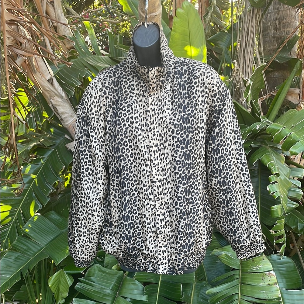leopard print silk funnel neck oversized bomber jacket